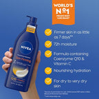 Buy now NIVEA Nourishing Hydration Skin Firming Body Lotion with Q10 and Vitamin C, 72-Hour Body Moisturizer for Dry to Very Dry Skin, 16.9 Fl Oz Pump Bottle at indiglob india