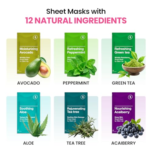 Buy now GLAM UP Korean Facial Sheet Mask 12 Combo Pack | Hydrating & Moisturizing Face Mask for Glass Skin | Soothing Korean Skincare for Sensitive, Dry Skin | Bulk Face Masks Gift Set for Home Spa at indiglob india