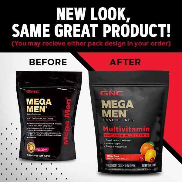 Buy now GNC Mega Men Soft Chew Multivitamin | Energy & Metabolism Support | Gluten Free | Mixed Fruit | 60 Count at indiglob india