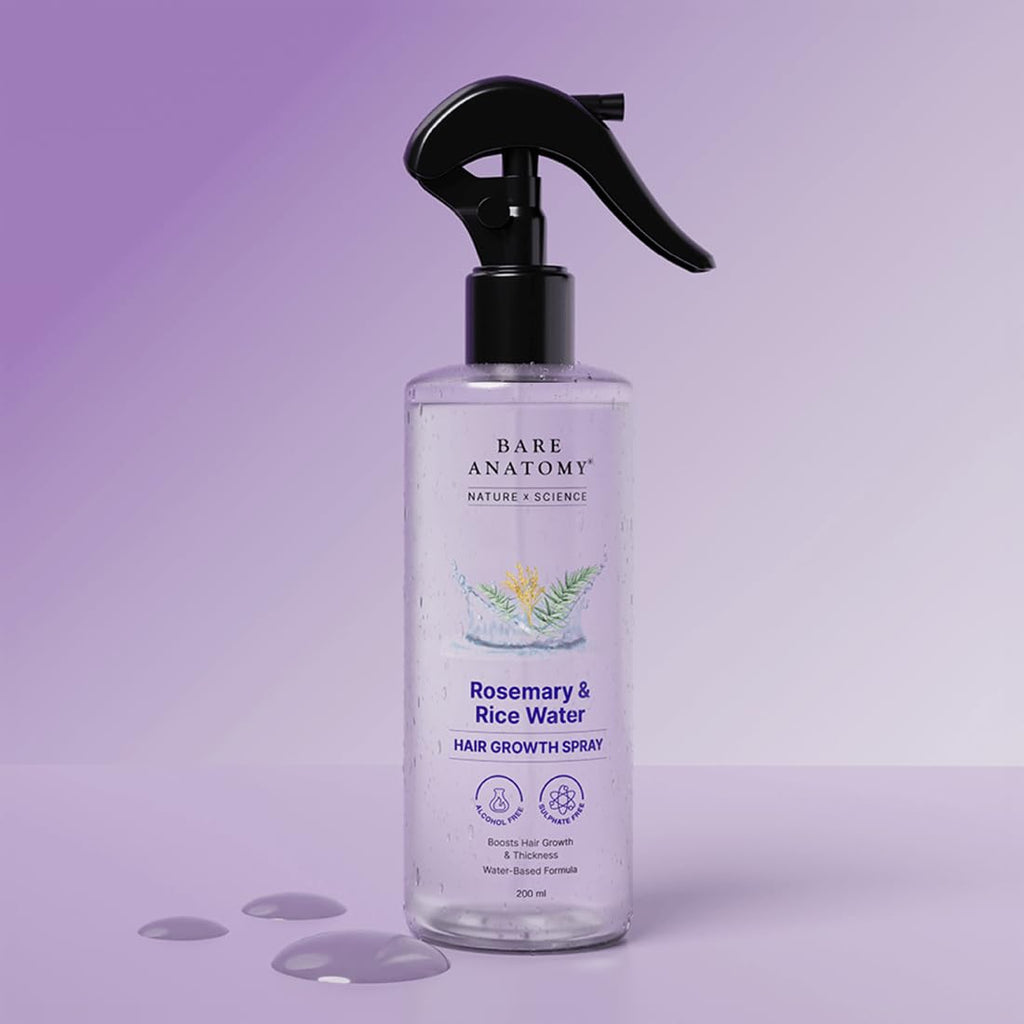Bare Anatomy Nature x Science Rosemary Water Spray for Hair Growth & Hair Thickness with Rice Water |100% Natural Extract | Soft & Smooth Hair| Controls Hairfall| Non-Greasy & Fast Absorbing | 200ml