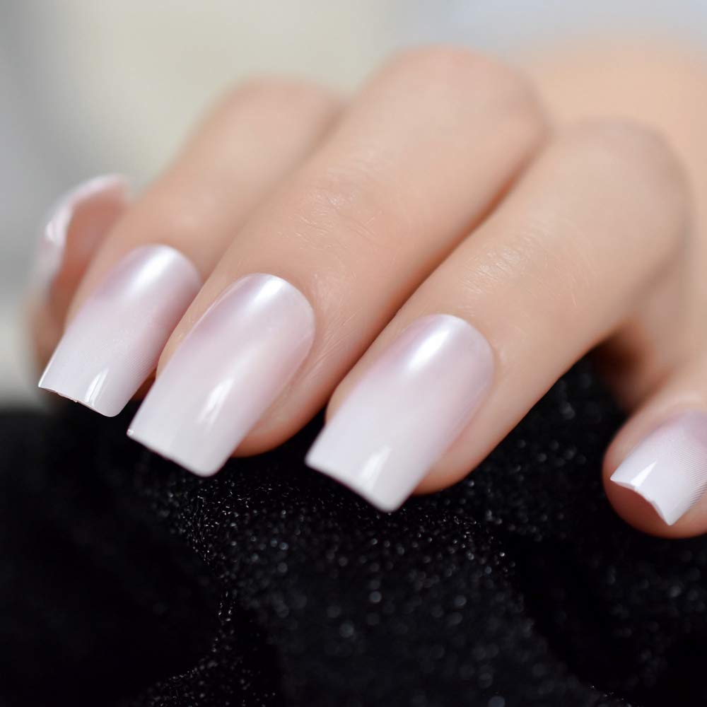 Buy now EchiQ Pearl Shine Glossy Fake Nails Shimmer White Square French Nail Ombre Faux Ongles Gradient Medium Fingernails with Gluetabs White at indiglob india