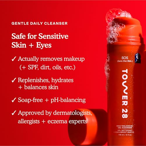 Buy now Tower 28 SOS Gel Facial Cleanser - Hydrating Face Wash + Makeup Remover for Sensitive Skin - Soothing + Gentle Face Cleanser with Aloe Vera, Oat Extract + Minerals - Fragrance-Free Skin Care (5 oz) at indiglob india