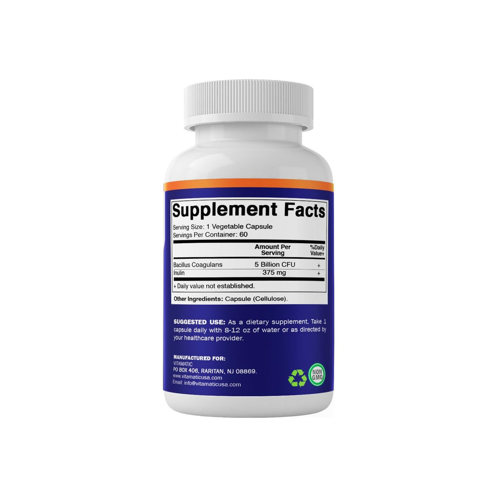 Vitamatic Bacillus Coagulans Shelf Stable Probiotic Supplement - Promote GI Digestive Health - 60 Vegetable Capsules - Survives Stomach Acids