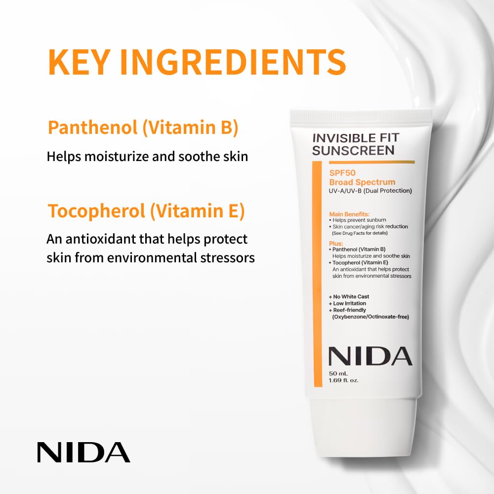 NIDA Invisible Fit Sunscreen SPF 50 Broad Spectrum UV-A/UV-B Protection | No White Cast, Low Irritation, Hydrating Lotion-like Lightweight Glow Sunscreen for All Skin Types | 1.69 fl. oz., 50ml