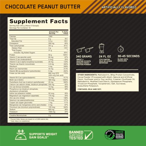 Buy now Optimum Nutrition Serious Mass, Weight Gainer Protein Powder, Mass Gainer, Vitamin C and Zinc for Immune Support, Creatine, Chocolate Peanut Butter, 12 Pound (Packaging May Vary) at indiglob india