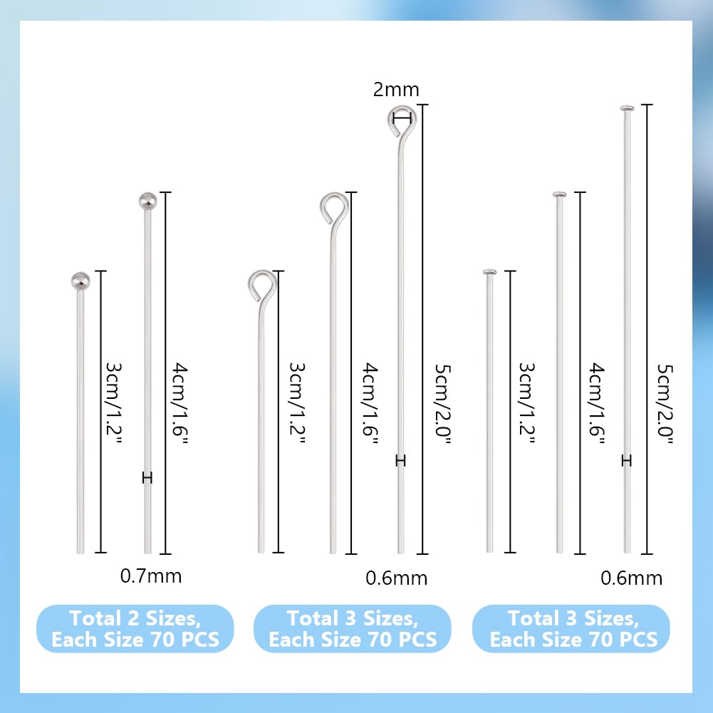 PH PandaHall 560pcs 8 Styles 304 Stainless Steel Eye Pins 30mm 40mm 50mm Head Pins 22 Gauge Ball Head Pin Findings Open Eye Pin for Earring Bracelet Pendant Jewelry Making, Stainless Steel Color