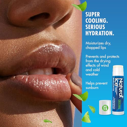 Buy now Mentholatum Natural Ice Original Medicated Lip Balm, Hydrating Lip Care for Dry, Chapped Lips, Moisturizing Formula with SPF 15 Helps Prevent Sunburn, Protection for Smooth, Soft Lips (Pack of 12) at indiglob india