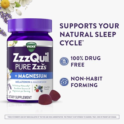 Buy now ZzzQuil Pure Zzzs + Magnesium, Sleep Aid, Magnesium Citrate and Melatonin Gummies, Melatonin 2mg, Sleep Aids for Adults, Mixed Berry Flavored, 60 Sleep Gummies at indiglob india
