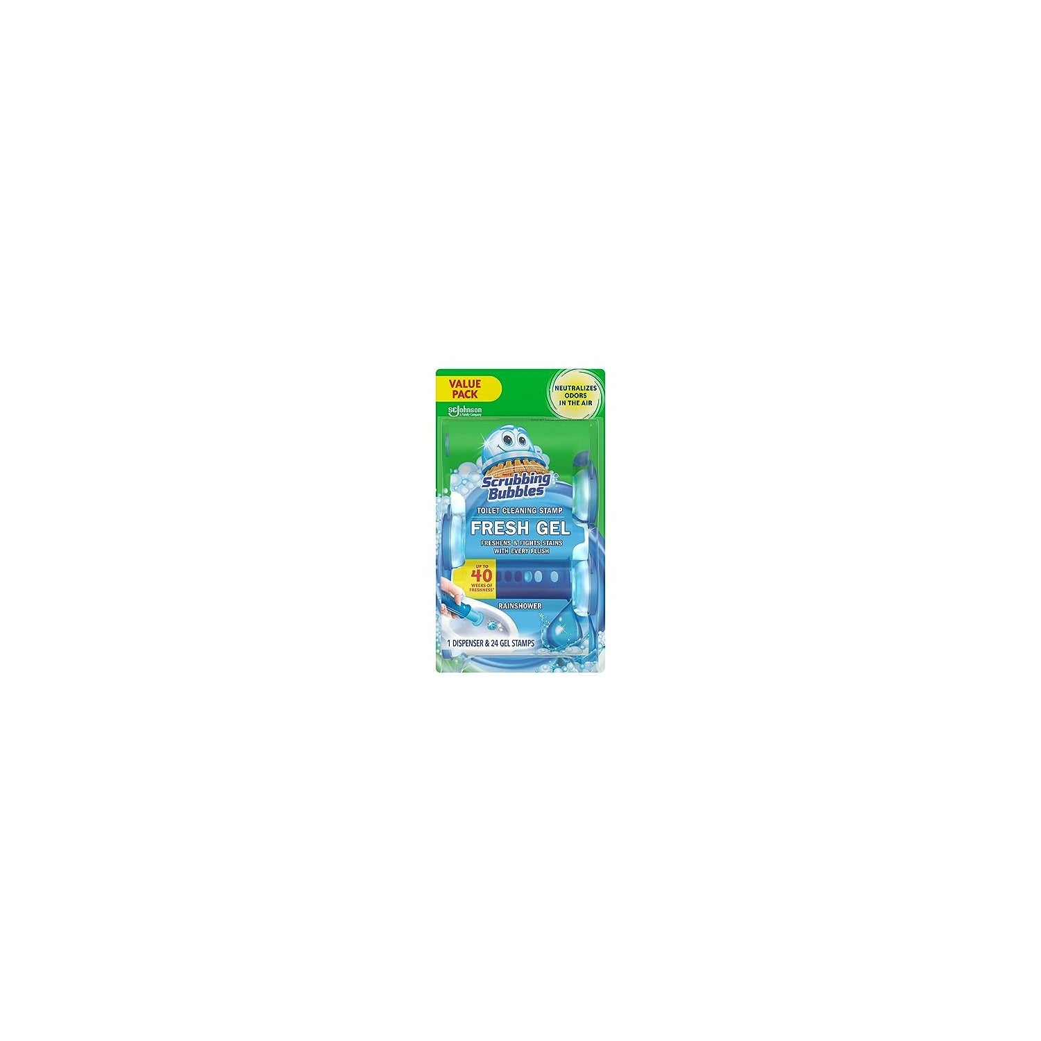 Buy now Scrubbing Bubbles Fresh Gel Toilet Bowl Cleaning Stamps, Helps Keep Toilet Clean and Helps Prevent Limescale & Rings, Rainshower Scent, 1 Dispenser with 24 Fresh Gel Stamps at indiglob india
