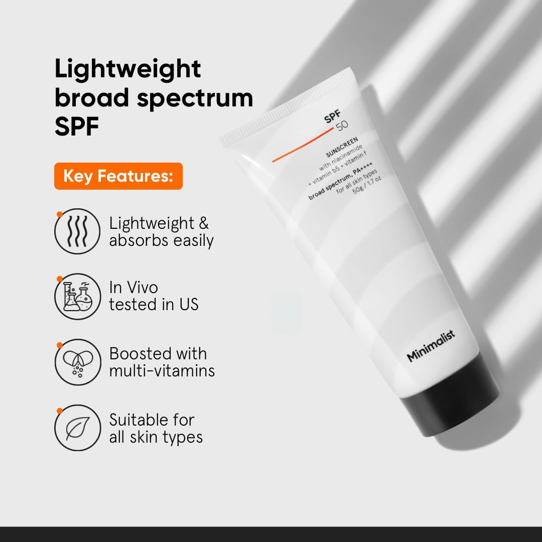 Minimalist Sunscreen SPF 50 Lightweight with Multi-Vitamins | No White Cast | Broad Spectrum PA ++++ | For Women & Men | 50g