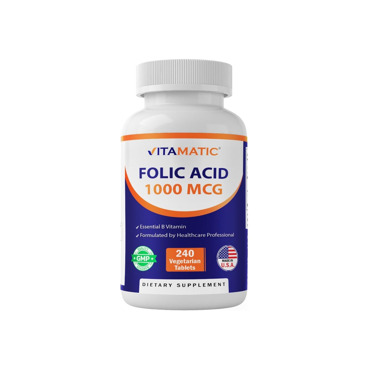 Vitamatic Folic Acid 1000 mcg (1 mg), 240 Vegetarian Tablets | Vitamin B9 | 1667 mcg DFE Folate, Support Healthy Cell Growth*, Red Blood Cell Formation*, Gluten Free, Non-GMO, Made in USA