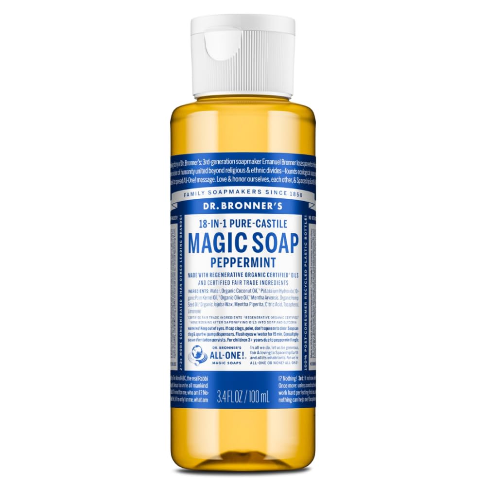 Dr. Bronners, Castile Soap Peppermint 18 In 1 Organic, 3.4 Fl Oz