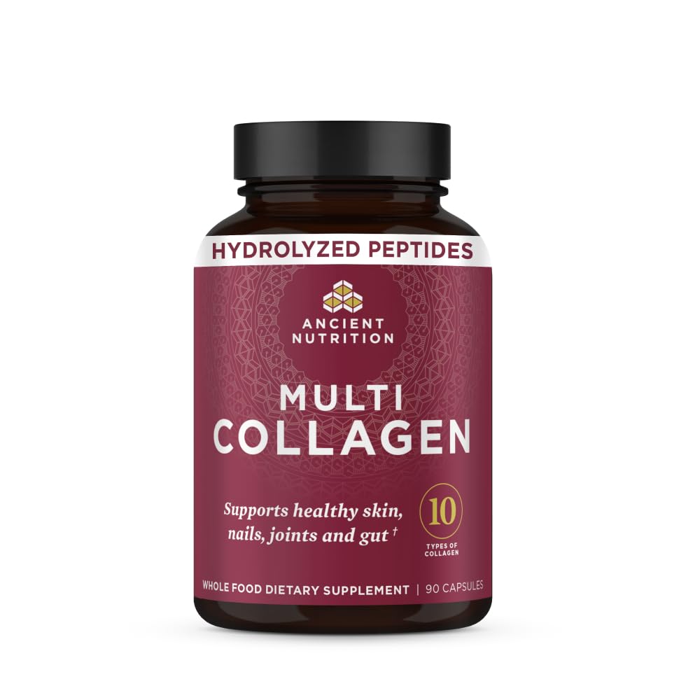 Ancient Nutrition Hydrolyzed Multi Collagen Peptides Capsules | Women & Men, Vitamin C, Probiotics, Grass-fed Hydrolyzed Collagen, Supports Skin, Hair, Nails, Joints, Gut Health, 90 Count
