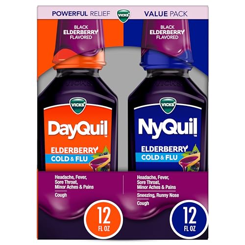 Buy now VICKS DayQuil & NyQuil Elderberry Flavor Cold & Flu Liquid Medicine Co-Pack, Multi-Symptom Relief of Headache, Fever, Sore Throat, Minor Aches & Pains, Sneezing, Runny Nose, and Cough, 2x12oz at indiglob india