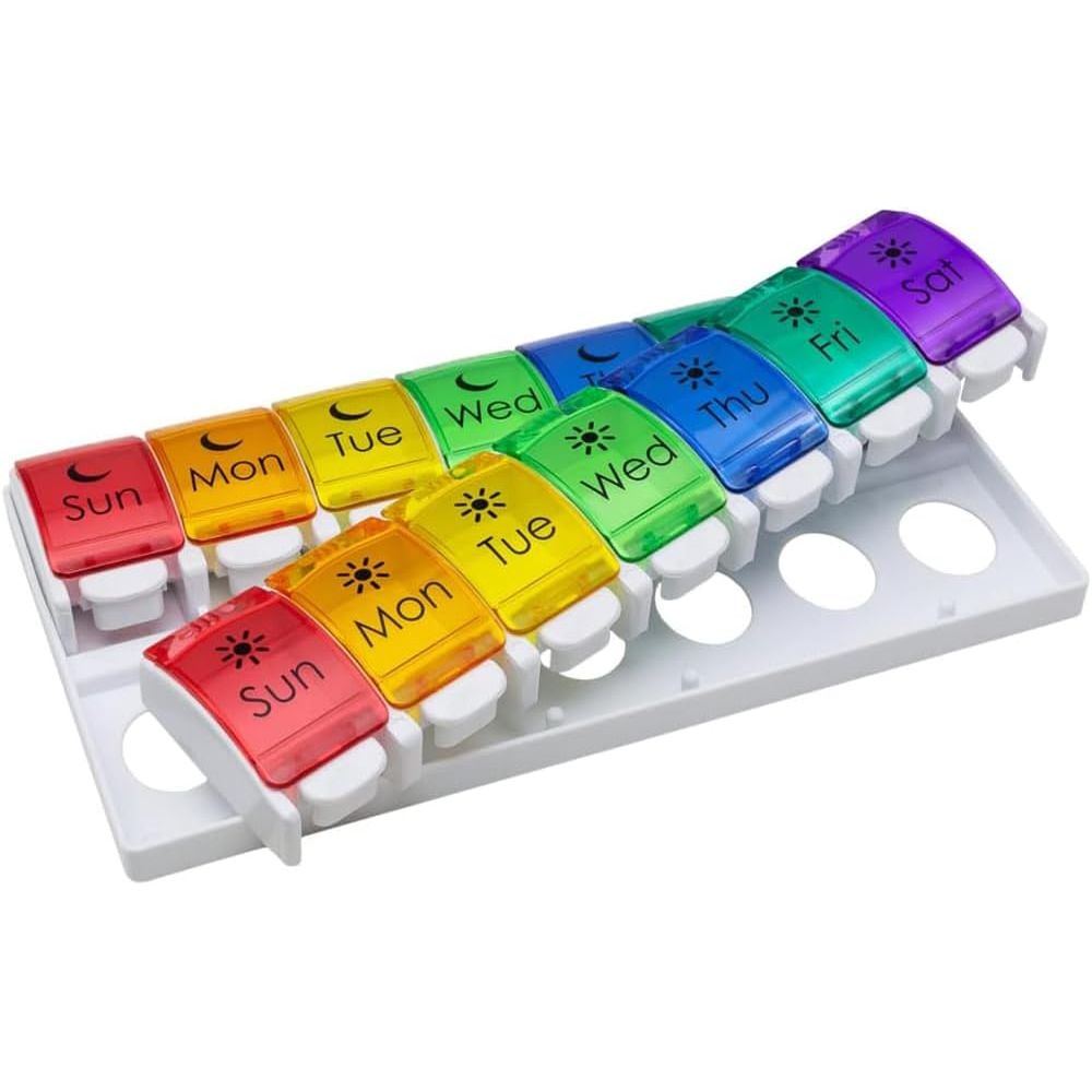 Buy now EZY DOSE Push Button (7-Day) Pill Case, Medicine Planner, Vitamin Organizer, 2 Times a Day AM/PM, Removable Trays, Large Compartments, Arthritis Friendly, Spring Open Black and White Lids, BPA Free Rainbow at indiglob india