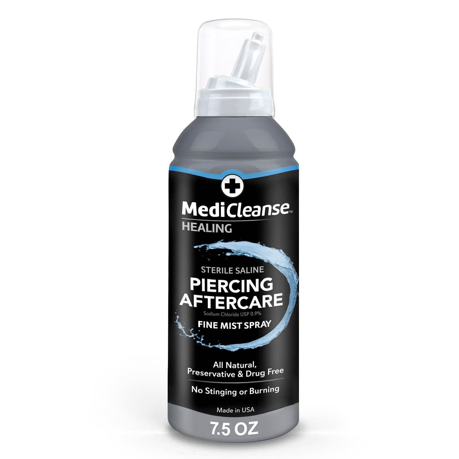 MediCleanse Sterile Saline Piercing Aftercare Fine Mist Spray 7.5 Oz 2 Pack | Promotes Healing For All Body Piercings & Tattoos, All Natural, Preservative Free, No Alcohol, Vegan Friendly, Made in USA