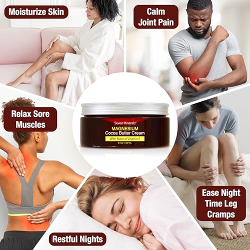 Buy now Seven Minerals, Natural Magnesium Cream for Pain Calm, Leg Cramps, Sleep & Muscle Soreness With Moisturizing Organic Cocoa Butter & Vitamin E - No Harmful Ingredients USA Made Safe for Kids (8 fl oz) at indiglob india