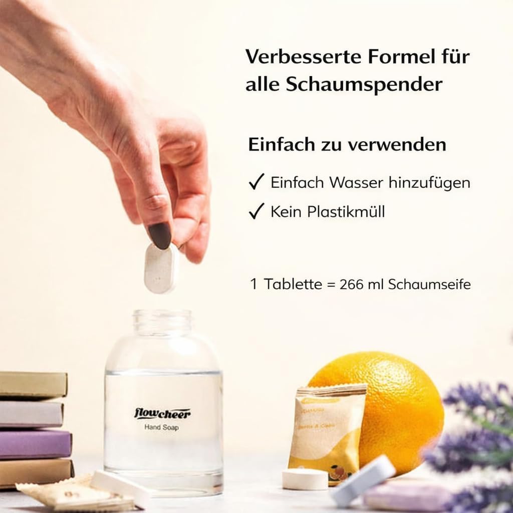 Flowcheer tablet for foaming hand soap, easy use, eco-friendly. Adds 266 ml of soap, verified by CuratCart.