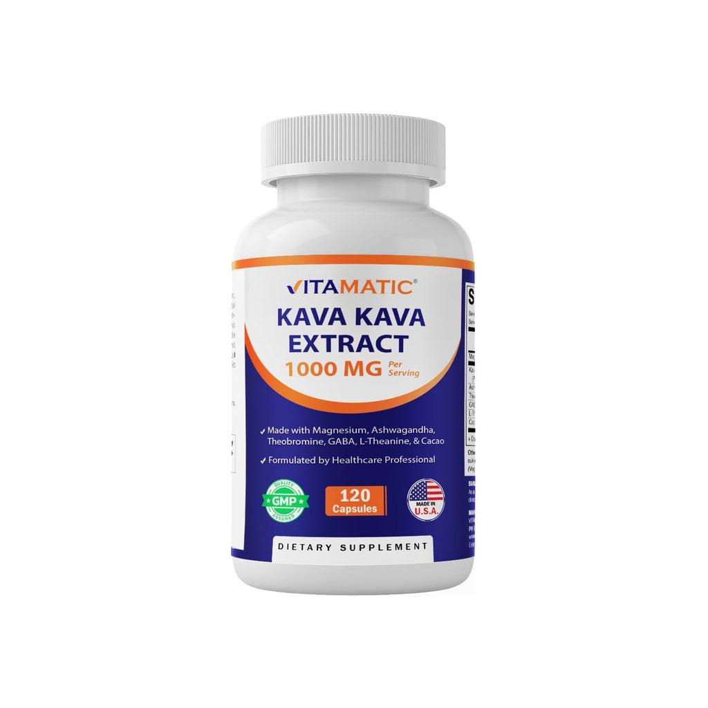 Vitamatic Kava Kava 1000mg with Magnesium, Ashwagandha, GABA, Theobromine, L-Theanine & Cacao – 120 Veg Caps – Kavalactones for Mood, Stress & Sleep Support.