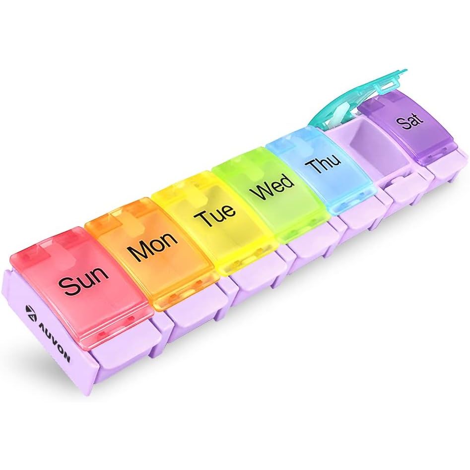 Buy now AUVON Weekly Pill Organizer Arthritis Friendly, BPA Free Travel 7 Day Pill Box Case with Spring Open Design and Large Compartment to Hold Vitamins, Cod Liver Oil, Supplements and Medication Purple at indiglob india
