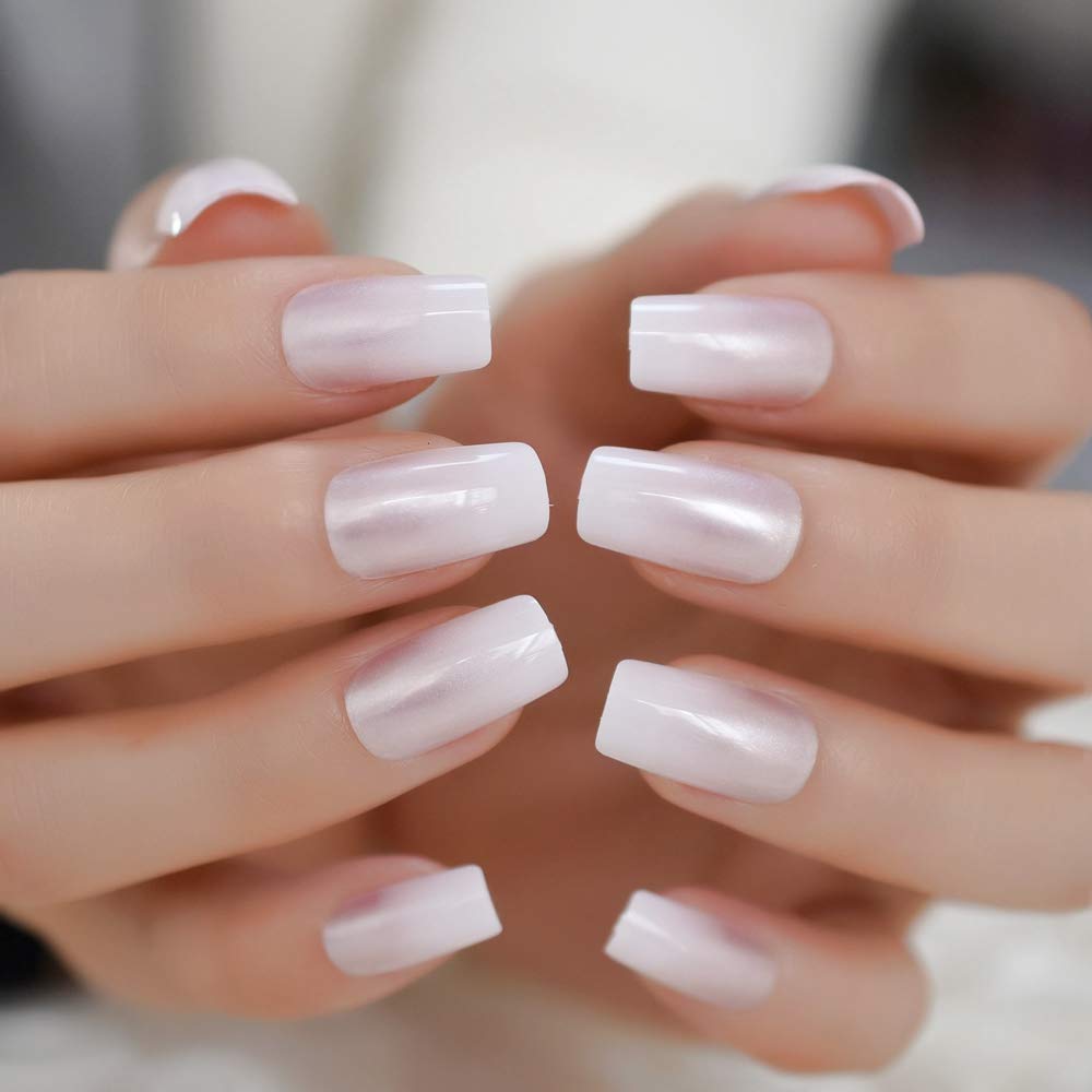 Buy now EchiQ Pearl Shine Glossy Fake Nails Shimmer White Square French Nail Ombre Faux Ongles Gradient Medium Fingernails with Gluetabs at indiglob india