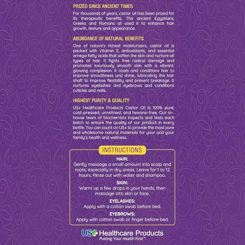 Buy now US+ 10oz 100% Pure Castor Oil - Cold-pressed, Unrefined, Hexane-free - USP Grade - Premium Quality for Healthy Skin & Hair at indiglob india