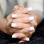 Buy now EchiQ Pearl Shine Glossy Fake Nails Shimmer White Square French Nail Ombre Faux Ongles Gradient Medium Fingernails with Gluetabs at indiglob india