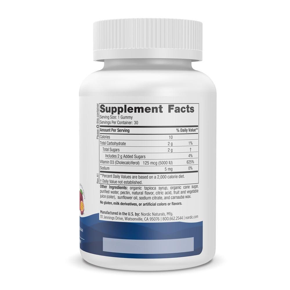 Nordic Vitamin D3 5000 IU Gummies, Bones Mood Immune Support - 30 Count