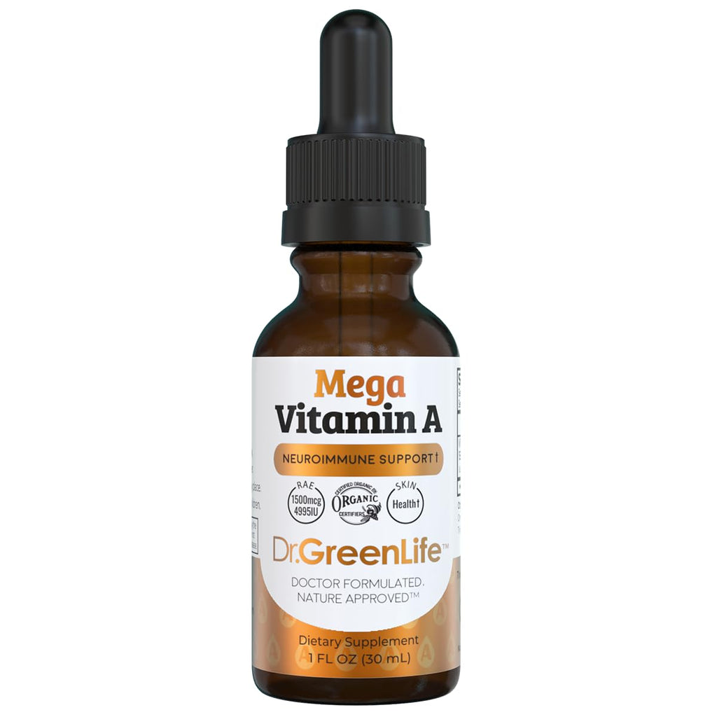 Dr. Green Mom Mega Vitamin A Liquid Drops | 1500 mcg RAE Per 1 Drop, 1180 Servings Per Bottle | Certified Organic, Non-GMO in Organic MCT Oil | Retinyl Palmitate | Infants, Kids & Adults | 1 fl oz