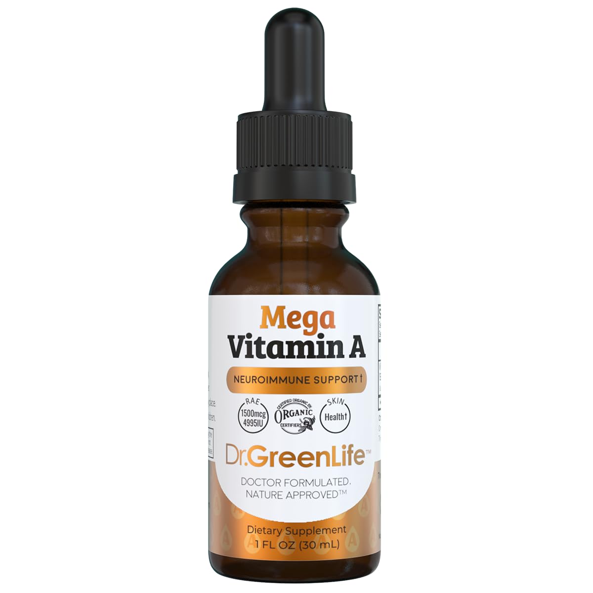 Dr. Green Mom Mega Vitamin A Liquid Drops | 1500 mcg RAE Per 1 Drop, 1180 Servings Per Bottle | Certified Organic, Non-GMO in Organic MCT Oil | Retinyl Palmitate | Infants, Kids & Adults | 1 fl oz