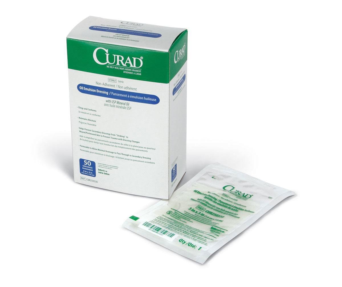 Curad Sterile Oil Emulsion Non-Adherent Gauze Dressing, 3x3 inches, for Minor Burns, Abrasions, 50 Count (Pack of 1)