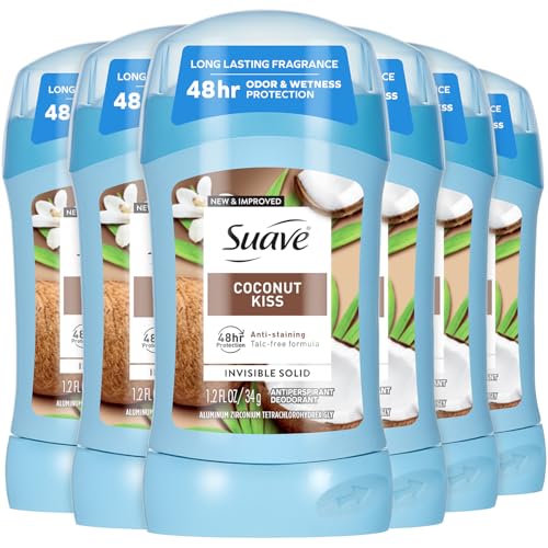 Buy now Suave Antiperspirant Deodorant for Women, Coconut Kiss 6-Pack â€“ Anti-Staining Invisible Solid Sticks, Talc-Free, 1.2 Oz Ea at indiglob india