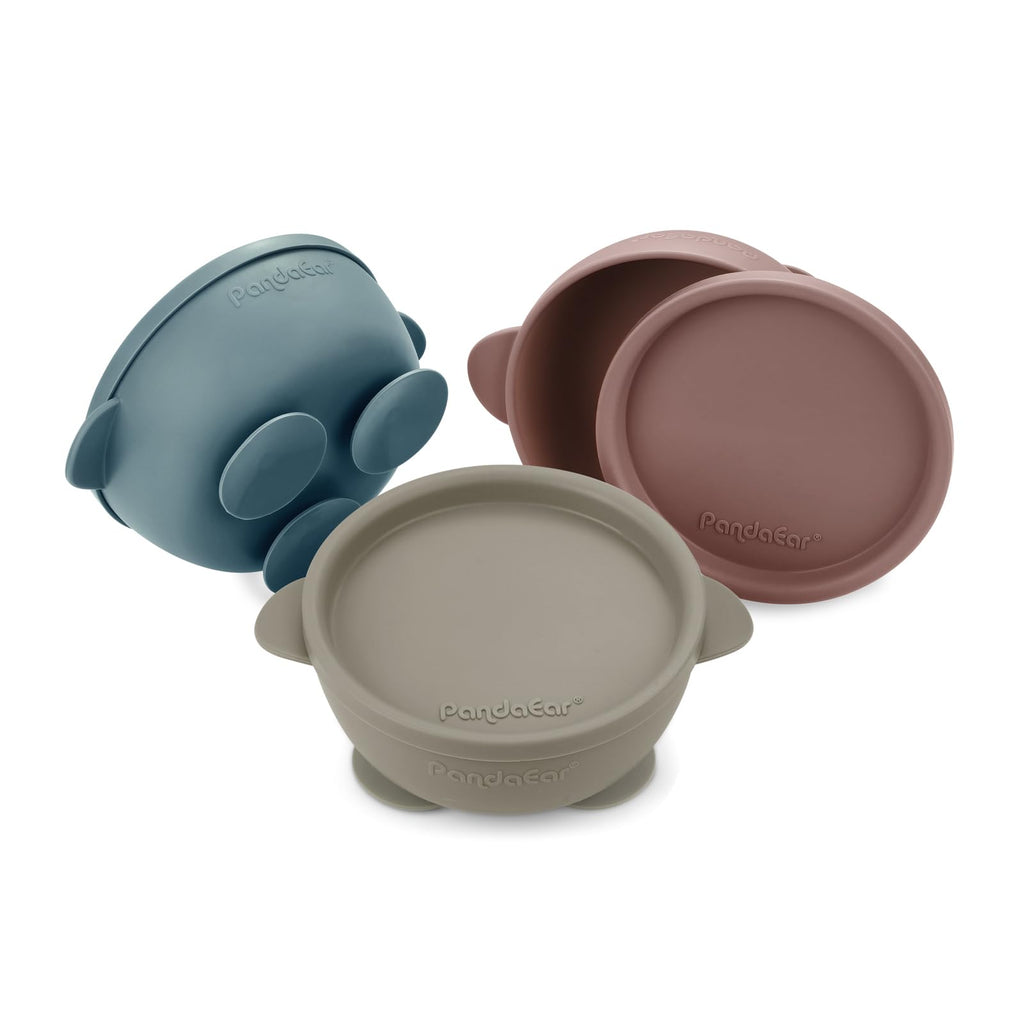 PandaEar 3 Pack Baby Suction Bowls with Lids – Stay Put Silicone Toddler Bowls for Self-Feeding & Travel, 100% Food Grade BPA-Free, Leakproof Feeding Set (Muted Earth Tones)
