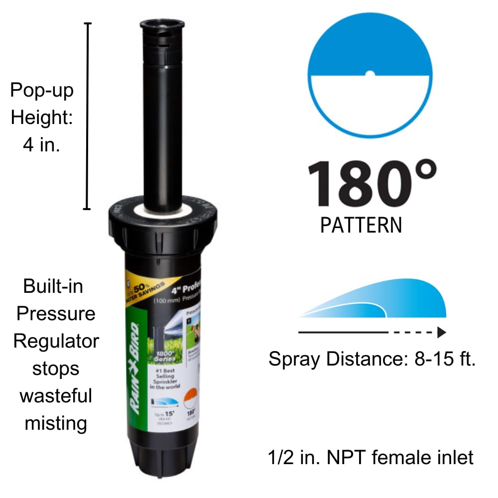 Rain Bird 1804HDSP25 PRS Pro Dual Spray Pop-Up, Half Circle, 8-15 Feet, 4"