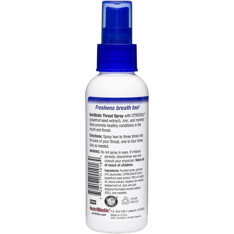 Buy now NutriBiotic â€“ Throat Spray with GSE, 4 Fl. Oz | Gentle and Soothing Sore Throat Support with Grapefruit Seed Extract, Zinc & Menthol | Alcohol Free & Non-Medicated at indiglob india