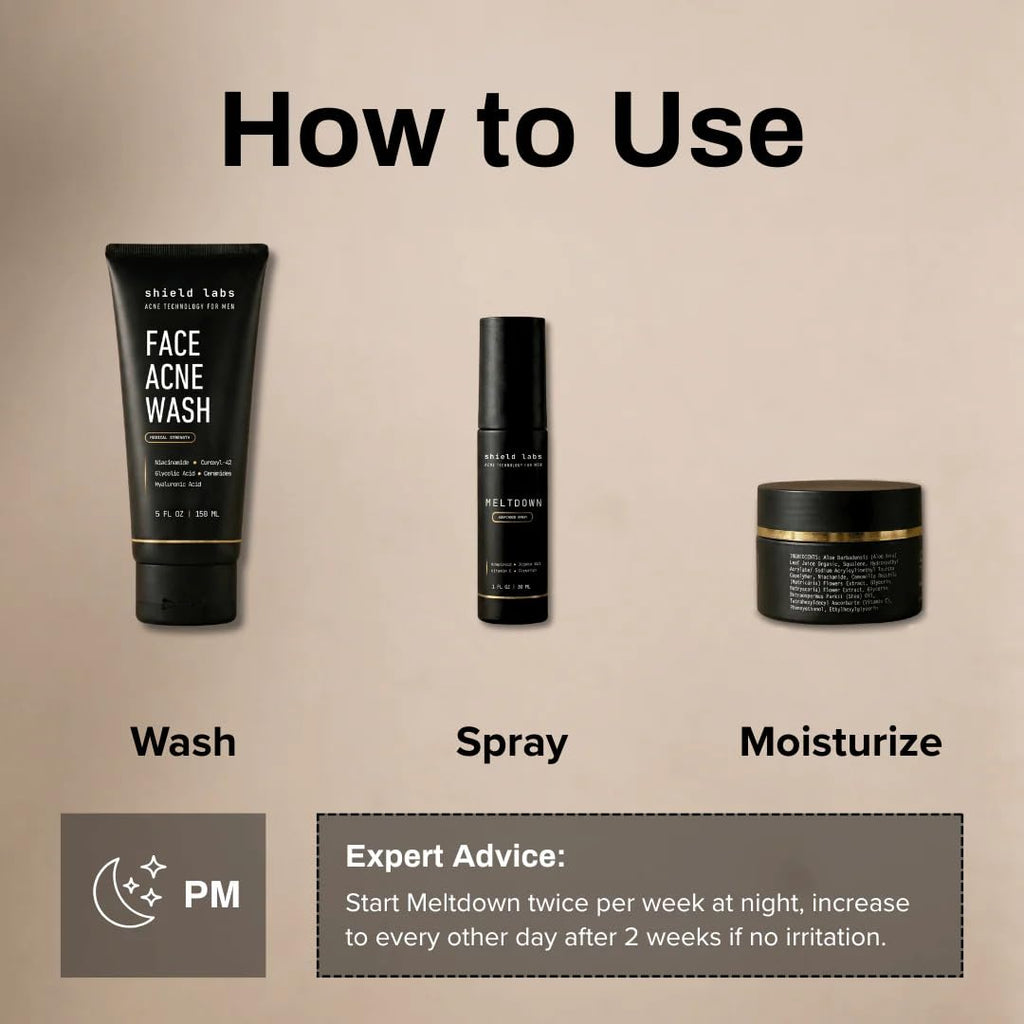 Shield Face Acne System for Men and Boys, Easy 3-Step Clear Skin Kit with 4% Benzoyl Peroxide Face Wash, Adapinoid Spray and Manuka Honey Moisturizer, Clears Breakouts and Balances Oily Skin