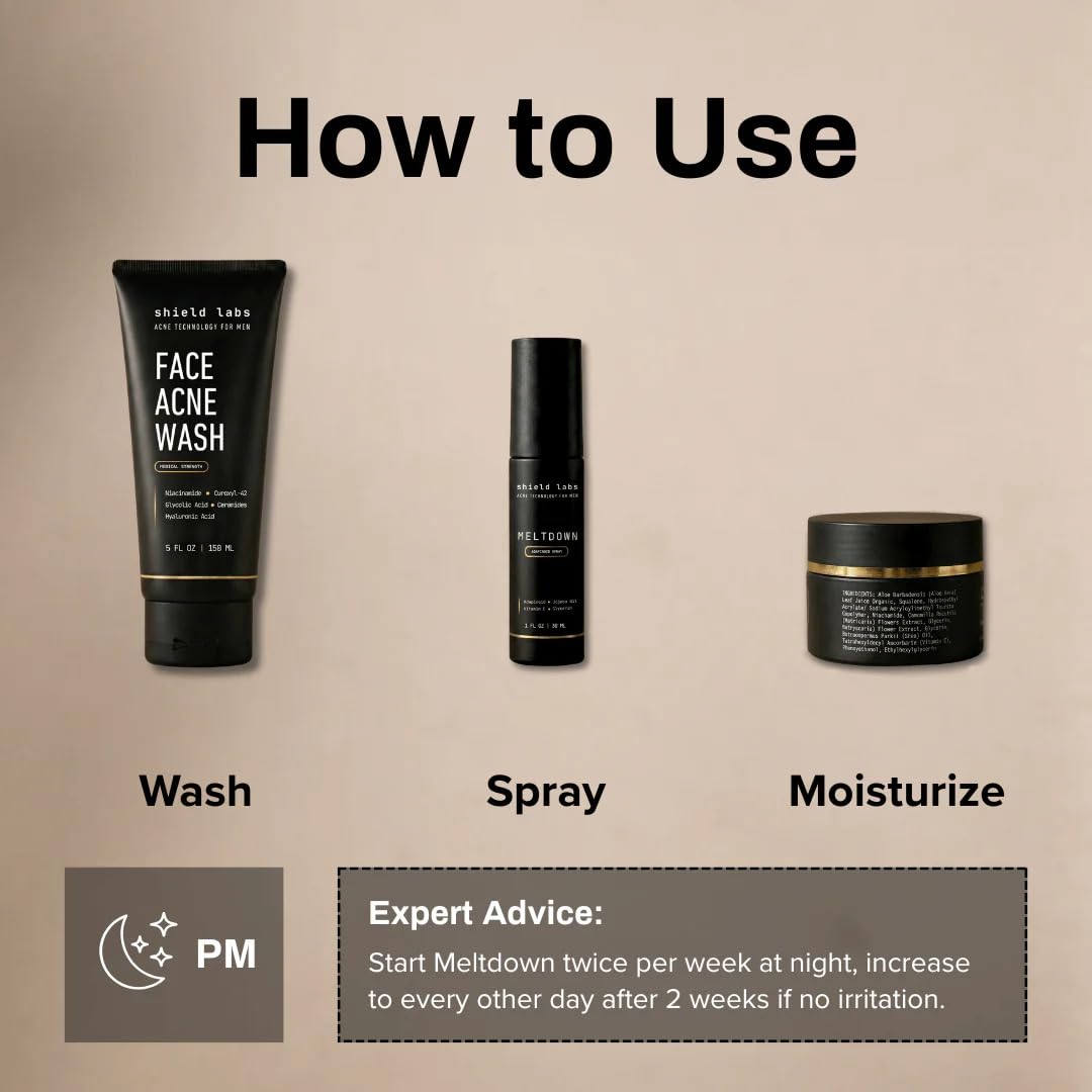 Shield Face Acne System for Men and Boys, Easy 3-Step Clear Skin Kit with 4% Benzoyl Peroxide Face Wash, Adapinoid Spray and Manuka Honey Moisturizer, Clears Breakouts and Balances Oily Skin