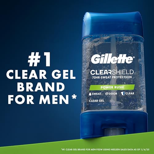 Buy now Gillette Antiperspirant and Deodorant for Men, 72hr Sweat & Odor Protection, Long Lasting Freshness, Anti-White Mark Technology, Clear Gel, Power Rush Scent, 3.8 oz (Pack of 3) at indiglob india