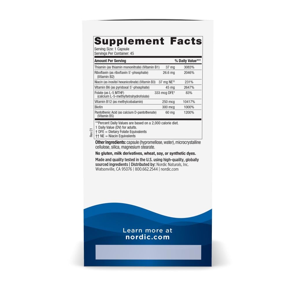 Nordic Naturals Vitamin B Complex, Energy Metabolism - 45 Capsules | 8 essential B vitamins: B1 Thiamine, B2 Riboflavin, B3 Niacin, B6, B12, B9 Folate, B7 Biotin, B5 Pantothenic Acid. Non-GMO