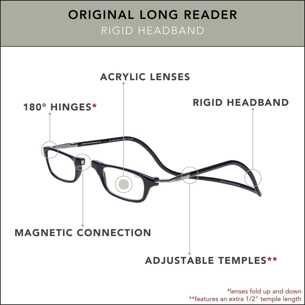 Buy now Clic Magnetic Reading Glasses for Men or Women, Computer Readers, Original Long (M-L, Black, 1.75 Magnification) at indiglob india