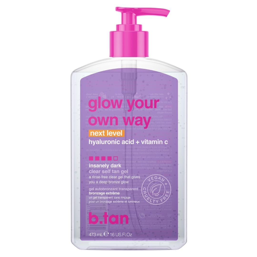 b.tan Dark Clear Self Tan Gel | Glow Your Own Way - Best Transfer Resistant, Ultra Quick Bronze, Gradual Sunless Tanning Lotion, Deep Moisturizer, No Fake Tanner Smell, 16 Fl Oz