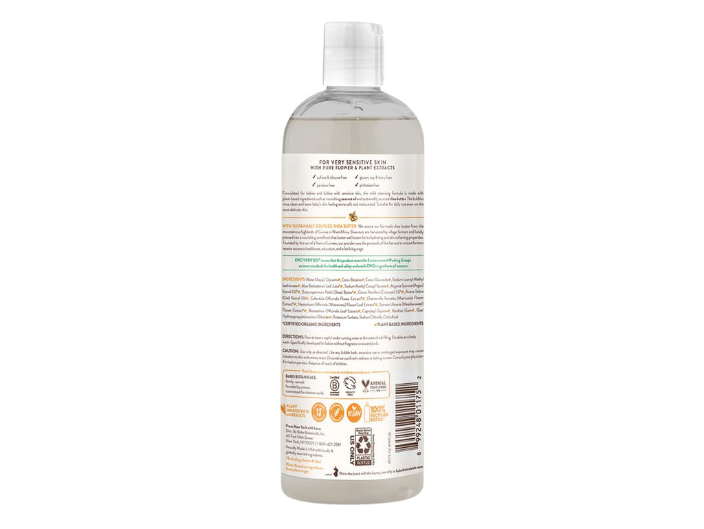 Babo Botanicals Sensitive Baby Fragrance-Free 2-in-1 Bubble Bath & Wash - Shea Butter, Calendula & Oat - Vegan - EWG Verified - For Babies & Kids