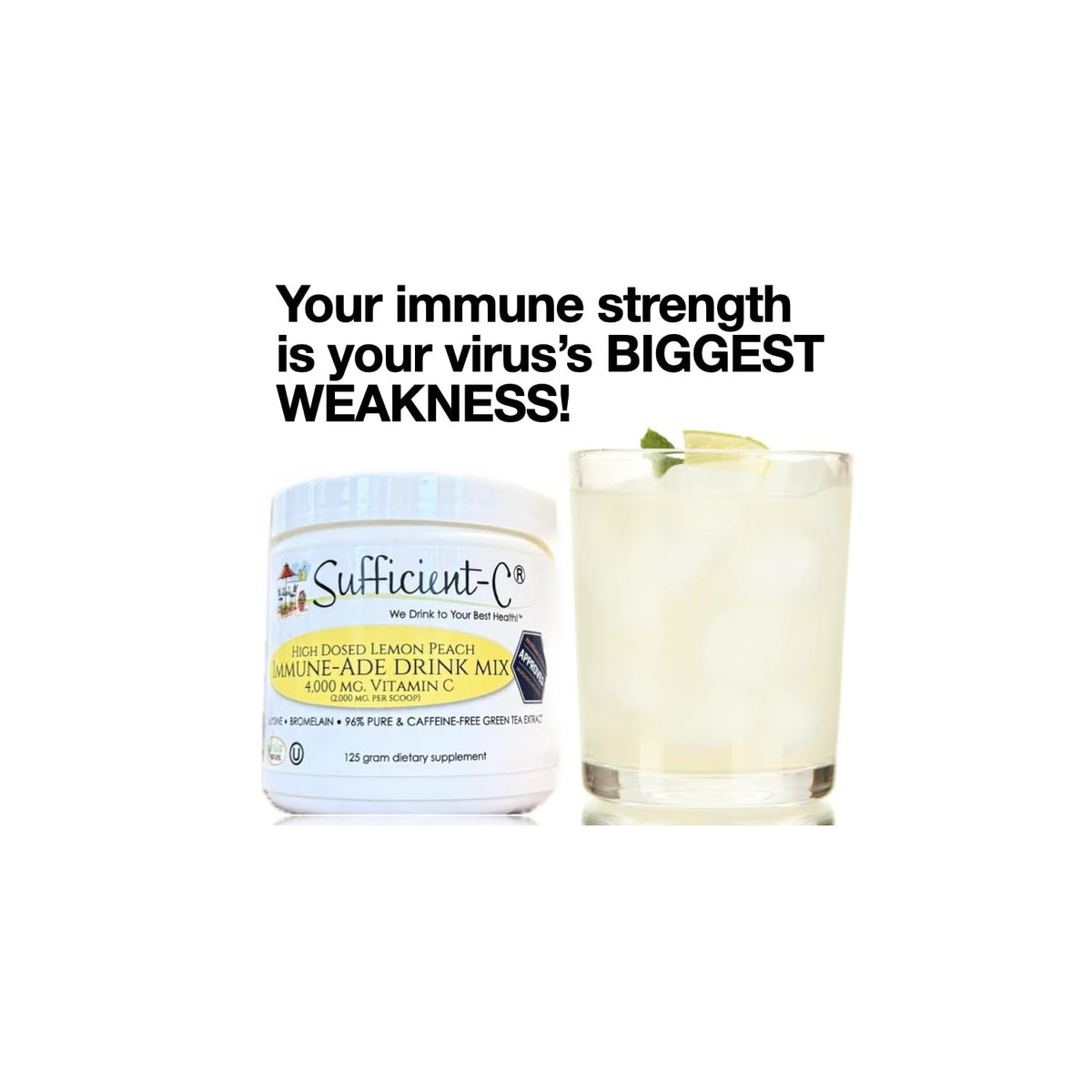 Sufficient-C High Dose Non-GMO Vitamin C Lemon Peach Immune-Ade Drink Mix, Convenient 125 Gram Size w/L-lysine, Bromelain & a Premium 96% Pure Green Tea Extract - Stomach Friendly, Adrenal Supportive