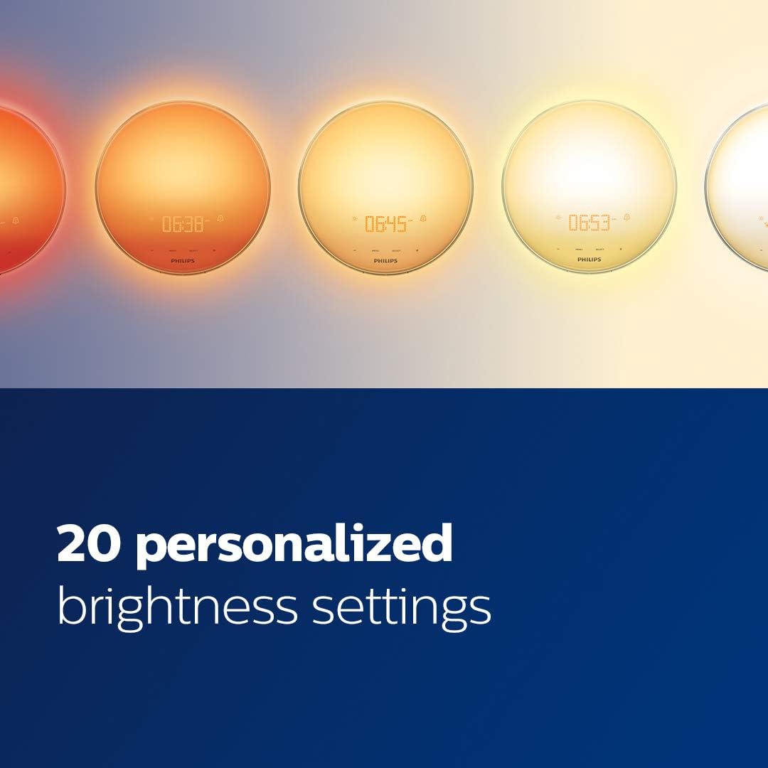Buy now Philips SmartSleep Wake-up Light, Colored Sunrise and Sunset Simulation, 5 Natural Sounds, FM Radio & Reading Lamp, Tap Snooze, HF3520/60 at indiglob india