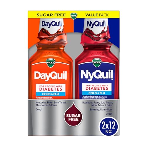 Buy now VICKS DayQuil & NyQuil Diabetes Cold & Flu Relief Medicine Co-Pack, Powerful Multi-Symptom Daytime & Nighttime Relief for Cold, Cough, and Flu Symptoms, Sugar & Alcohol Free, 2 x 12 FL OZ Bottles at indiglob india