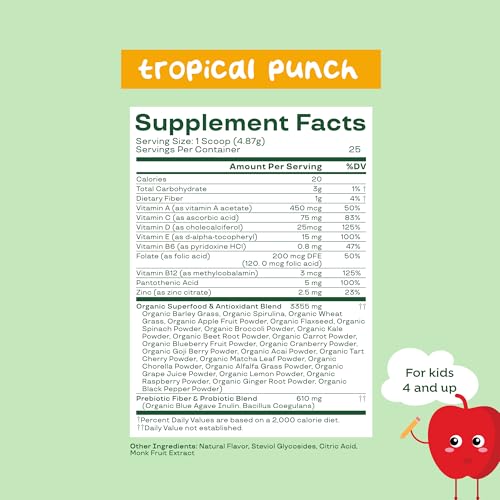 Buy now Bloom Nutrition Superfood Greens Powder for Kids, Digestive Enzymes, Probiotics, Prebiotics, Gut Health, Chlorella, Green Juice Mix w/Beet Root Powder (25 Servings (Pack of 1), Tropical Punch) at indiglob india