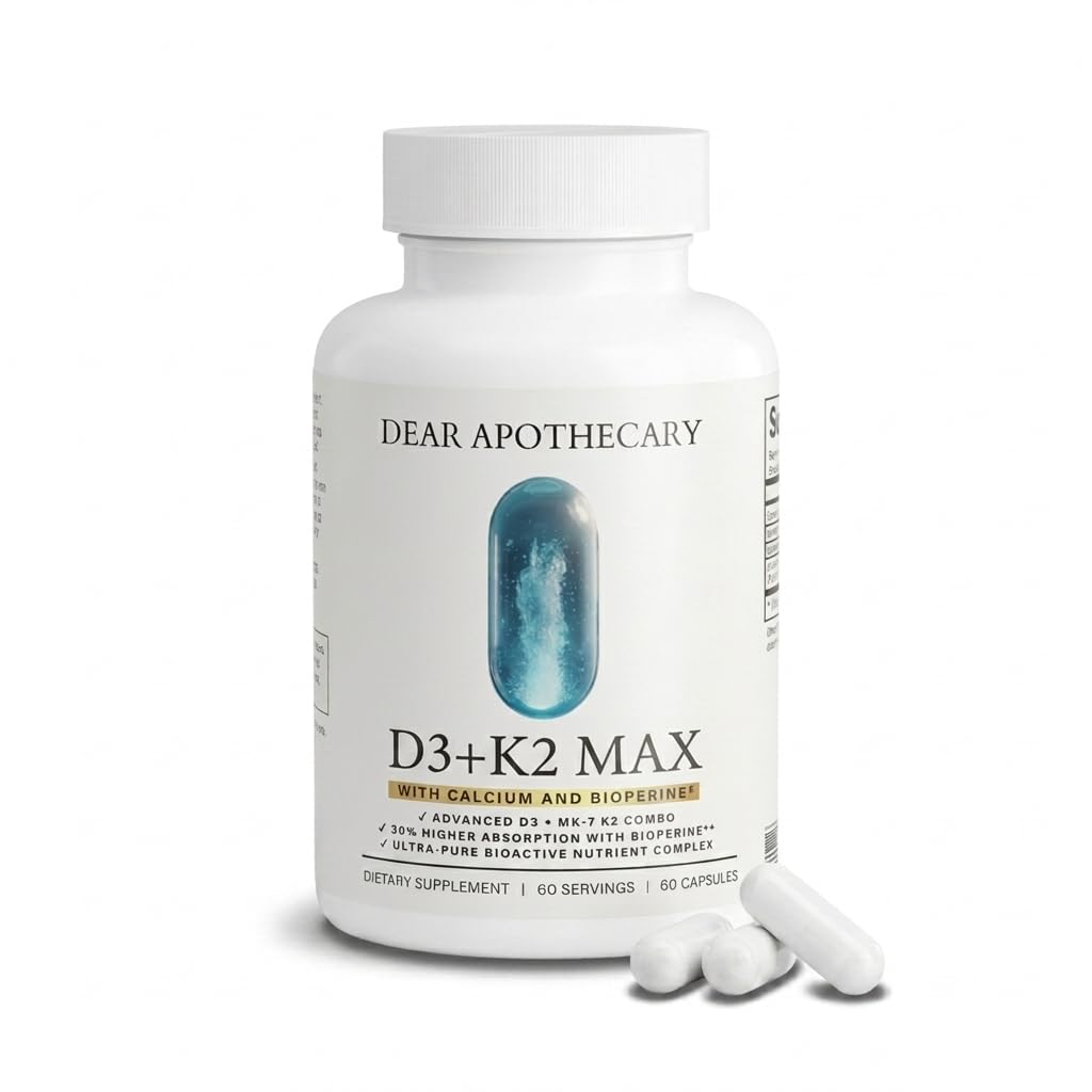 D3+K2 Max Vitamin D3 125mcg + K2 MK-7 100mcg with Calcium 210mg & BioPerine - Bone, Heart & Immune Support - Non-GMO, Gluten Free - 60 Capsules