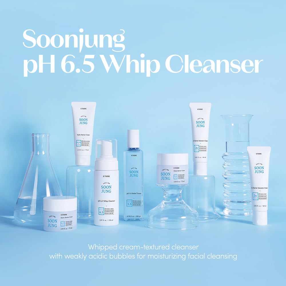 ETUDE SoonJung pH 6.5 Whip Face Cleanser for Sensitive Skin, 5.07 fl oz | Vegan, non-comedogenic face cleanser creates mild microfoam to cleanse sensitive skin without stripping moisture.