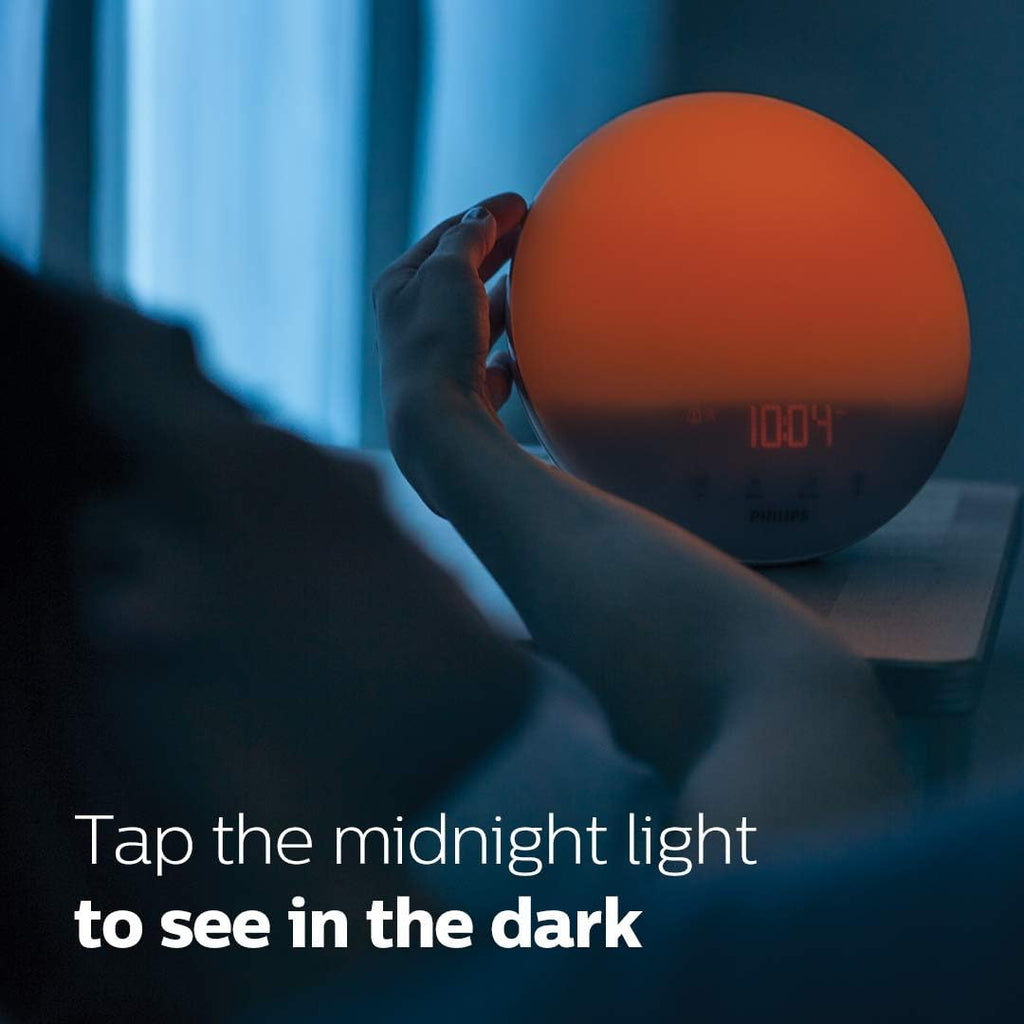 Buy now Philips SmartSleep Wake-up Light, Colored Sunrise and Sunset Simulation, 5 Natural Sounds, FM Radio & Reading Lamp, Tap Snooze, HF3520/60 at indiglob india