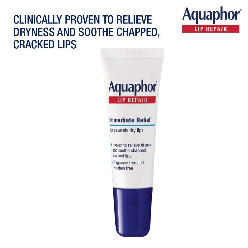 Aquaphor Lip Repair Ointment - Long-lasting Moisture to Soothe Dry Chapped Lips - .35 fl. oz. Tube | Lip Balm Moisturizer with Vitamins and Shea Butter, Immediate Dry Lip Relief, Paraben and Fragrance Free